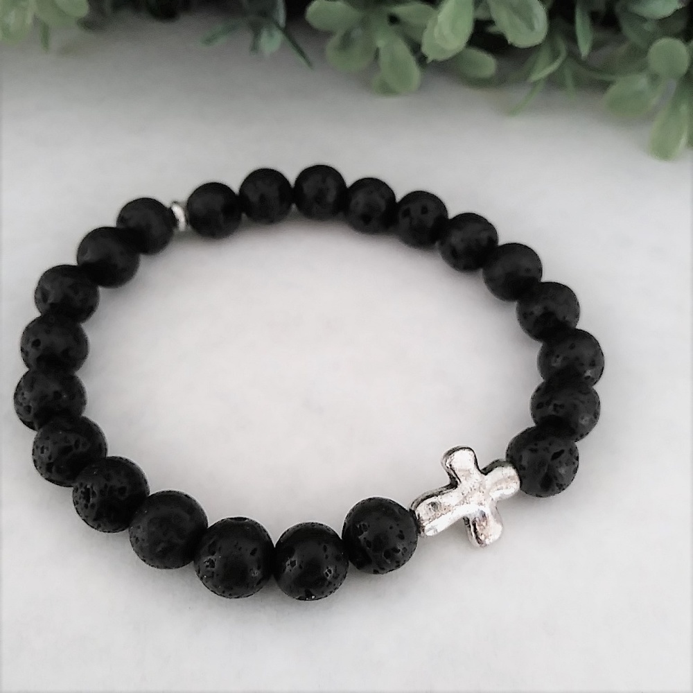 New Mens Black Lava Rock Beaded Bracelet - Picture 3 of 6